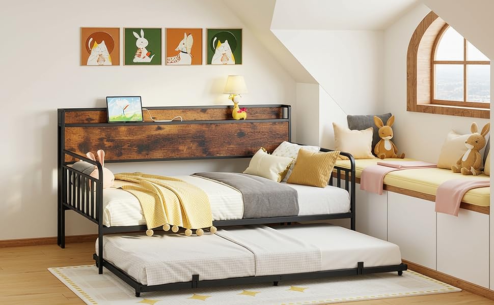 LIKIMIO Daybed with Trundle, Metal Twin Bed Frame with Charging Station & Storage Headboard, Sturdy Noise-Free Day Bed for Bedroom, Guest Room, Living Room