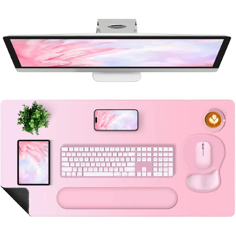 4-in-1 Cute Look XXL Size Soft Pink Gaming Mouse Pad Bundle - 35.4x15.7in Waterproof Extended Desk Mat, Ergonomic Keyboard Wrist Rest, Mouse Wrist Cushion, Coaster - Gamer Stuff for Women’s Home Office PC, Birthday Gift for Coworkers, Wrist Support