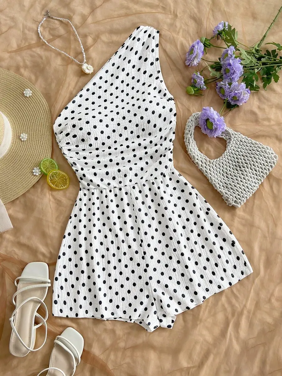 CROSSCAL Women's White With Black Polka Dots Oblique Shoulder Jumpsuit,Summer Tropical Holiday Vacation Holiday Cute Two Piece Set Petite Outfit,Beach Brunch