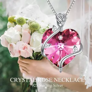 TOUPOP Heart Birthstone Necklace for Women 925 Sterling Silver Rose Flower Pendant Necklaces Heart Crystal Jewelry Birthday Christmas Gifts Women Girlfriend Wife Mom