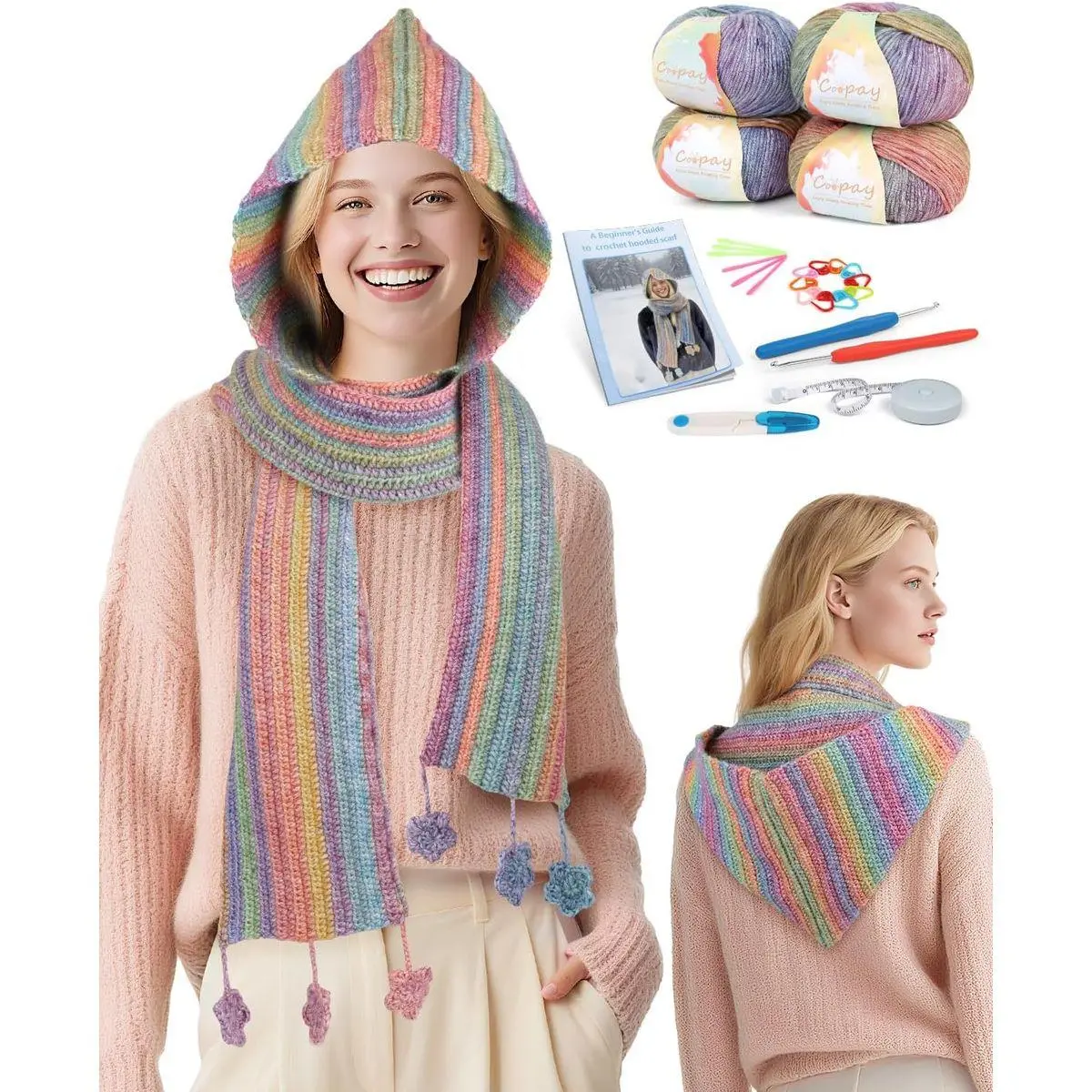Crochet Kit for Beginners, Crochet Kits for Adults - 4 Basic Stitches to Complete Hooded Scarf, Perfect for Crocheting Hooded Scarf with Step-by-Step Instructions & 5 Yarns (Rainbow)
