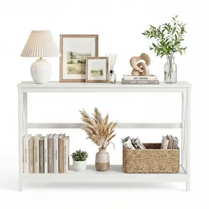 39" Coffee Table for Small Space, Narrow 2-Tier Console Table with Shelf, Industrial Sofa Table for Living Room Entryway, White, 11.8" Wide