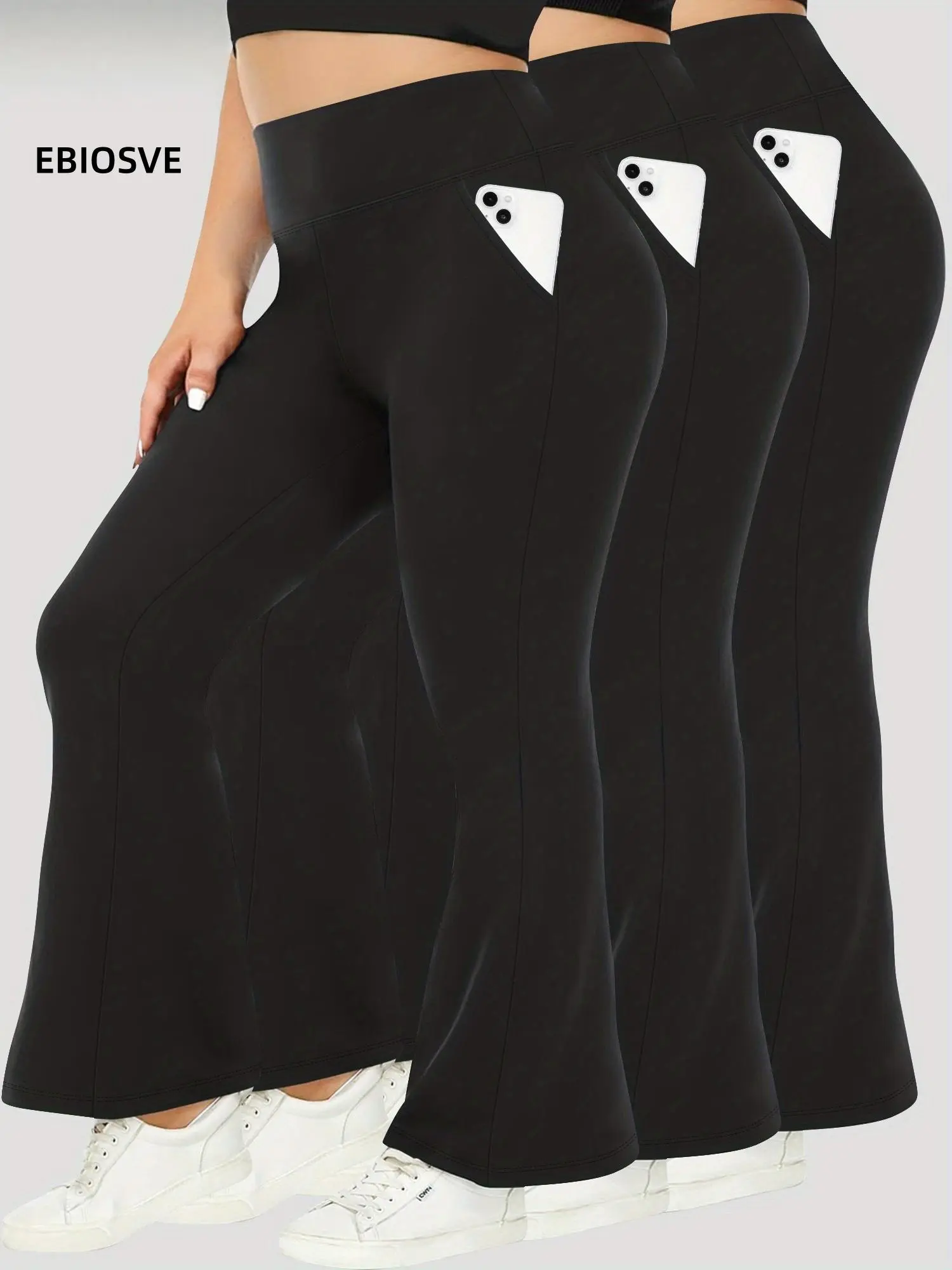 3pcs Set - Plus Size High-Waisted Flared Pants with Diagonal Pockets - Comfortable And Stretchy - New Autumn Style ,New Wide-leg Pants For Women In All Seasons, Casual Hip-lifting High-waist Stretch Pants, Loose Flared Pants Suitable For And Aerobics summ
