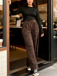 Women's All-Season Corduroy Casual Comfy Pocket Elastic Waist Leopard Print Casual Pants Bottom, Casual Chic Trousers, Fashion Chic Commuter Versatile Machine Wash Loose Fit Wide Leggings