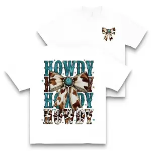 Women's Western Turquoise Bow Printed Round Neck Short Sleeve T-Shirt, Gifts For Mom, Western Cowgirl T-Shirt