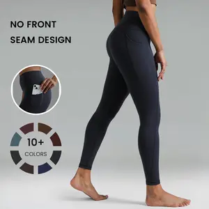 Colorfulkoala Dreamlux No Front Seam Leggings with Pockets for Women 25"/28" Inseam，High-Waisted Soft Yoga Pants in Black - Gym Bottoms Athletic Stretchable Tight Fit Sporty