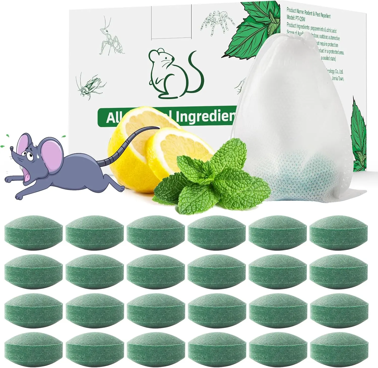Pest Rodent Repellent, 24 Pack Peppermint Oil Repellent for Mouse Rats Spider Roach Ant Squirrel Pest Control Indoor & Outdoor, Natural Mice Deterrent Replace Trap Poisoning Family & Pet Safe Green
