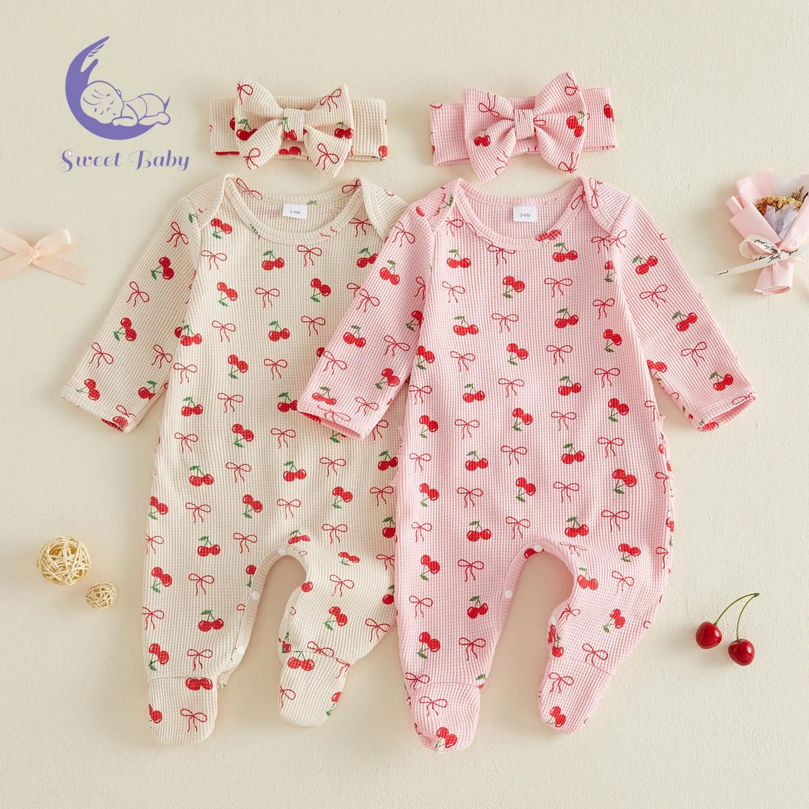 Baby Girls Waffle Crew Neck Long Sleeve Footie Suit - Fall Baby Clothing, Cherry Print Bodysuit Jumpsuit with Bowknot & Headband, Long Sleeve Shirt