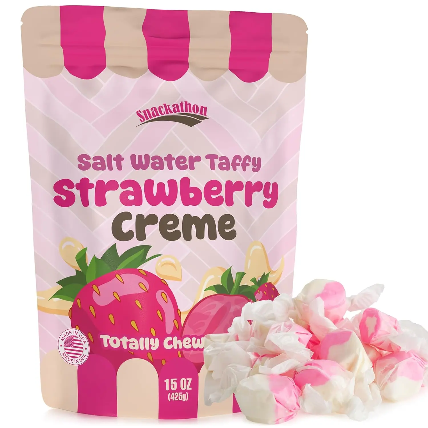 Snackathon Salt Water Taffy Single Flavor, Strawberry Creme, Bulk Individually Wrapped Gourmet Candy, Soft & Chewy Sweet Treats, 15 oz Resealable Bag