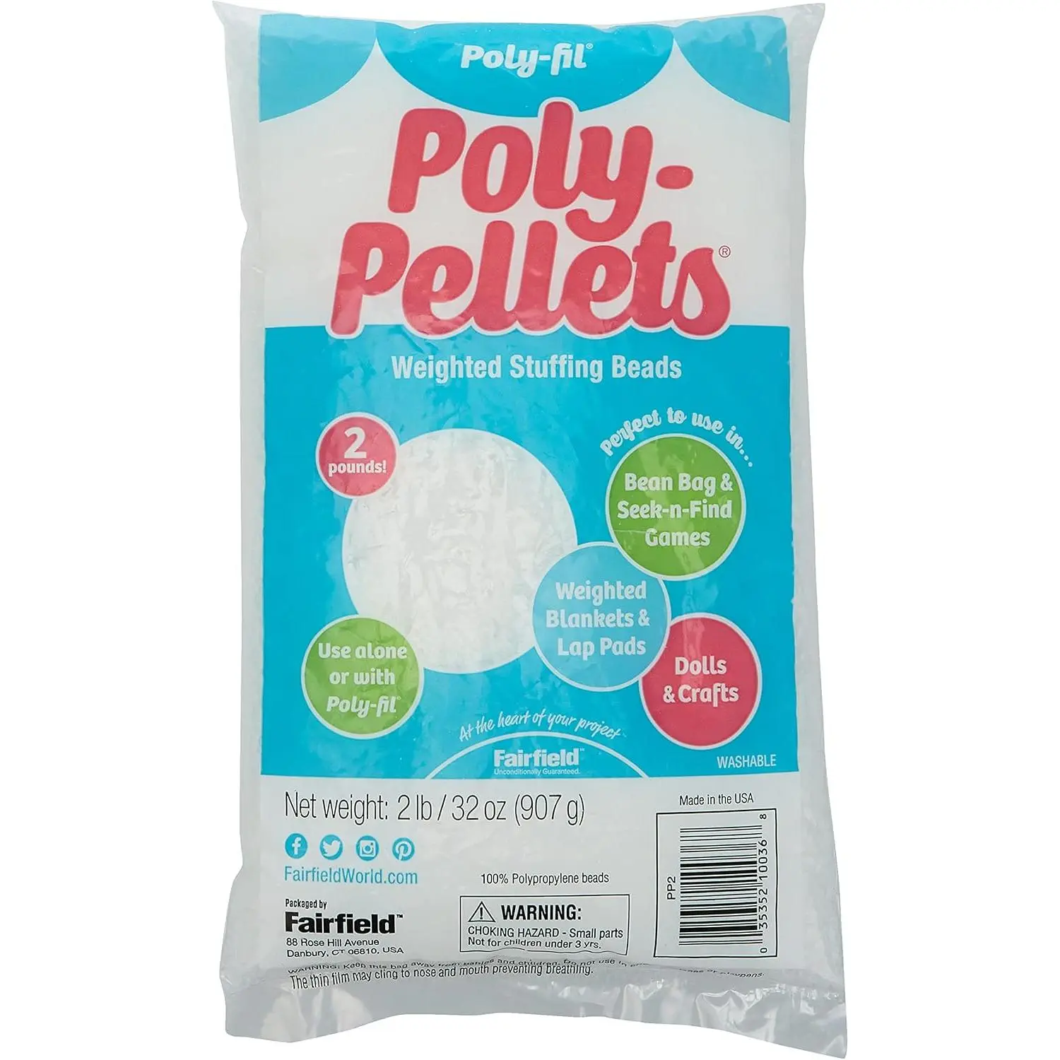 Poly-Fil Fairfield Poly-Pellets Weighted Stuffing Beads, 32-Ounce Bag, 1 Pk | Polypropylene, Smooth Oval Shape, for Weighted Stuffed Animals, Dolls, Bean Bag Filler, Weighted Blankets, Indoor Crafts