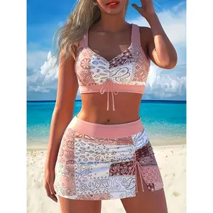 Women's Light Pink 2pcs Swimsuits Paisley Cashew Flower Pattern Prints Bikini Sets, Chest Drawstring Ruched Crisscross Back Straps Design Swimwear Tops And Waisted Side Slit Swim Skirt, Suitable Beach Vacation