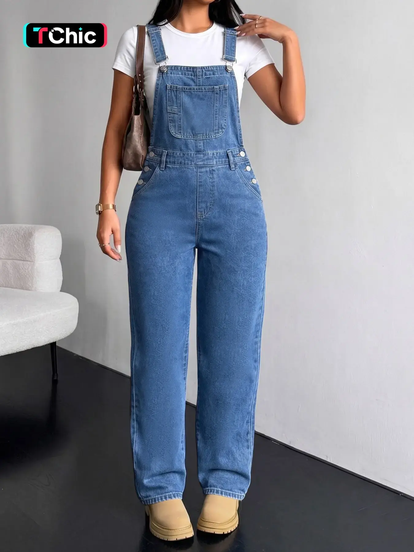 Women's Light Wash Denim Overalls Jumpsuit, Relaxed Straight Leg, Adjustable Strap Bib, Vintage Y2K Style, Casual, Fit, Everyday, Festival, Street, Campus Wear