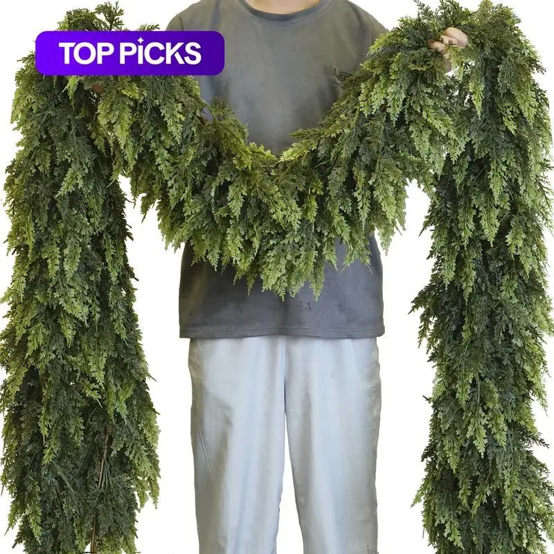 6FT 4Pcs Artificial Cedar Garlands, Realistic-to-the-Touch Winter Cedar Garlands, Green Artificial Greenery Pine Garland for Dining Table, Mantel, Wall, Indoor, Outdoor Decor.