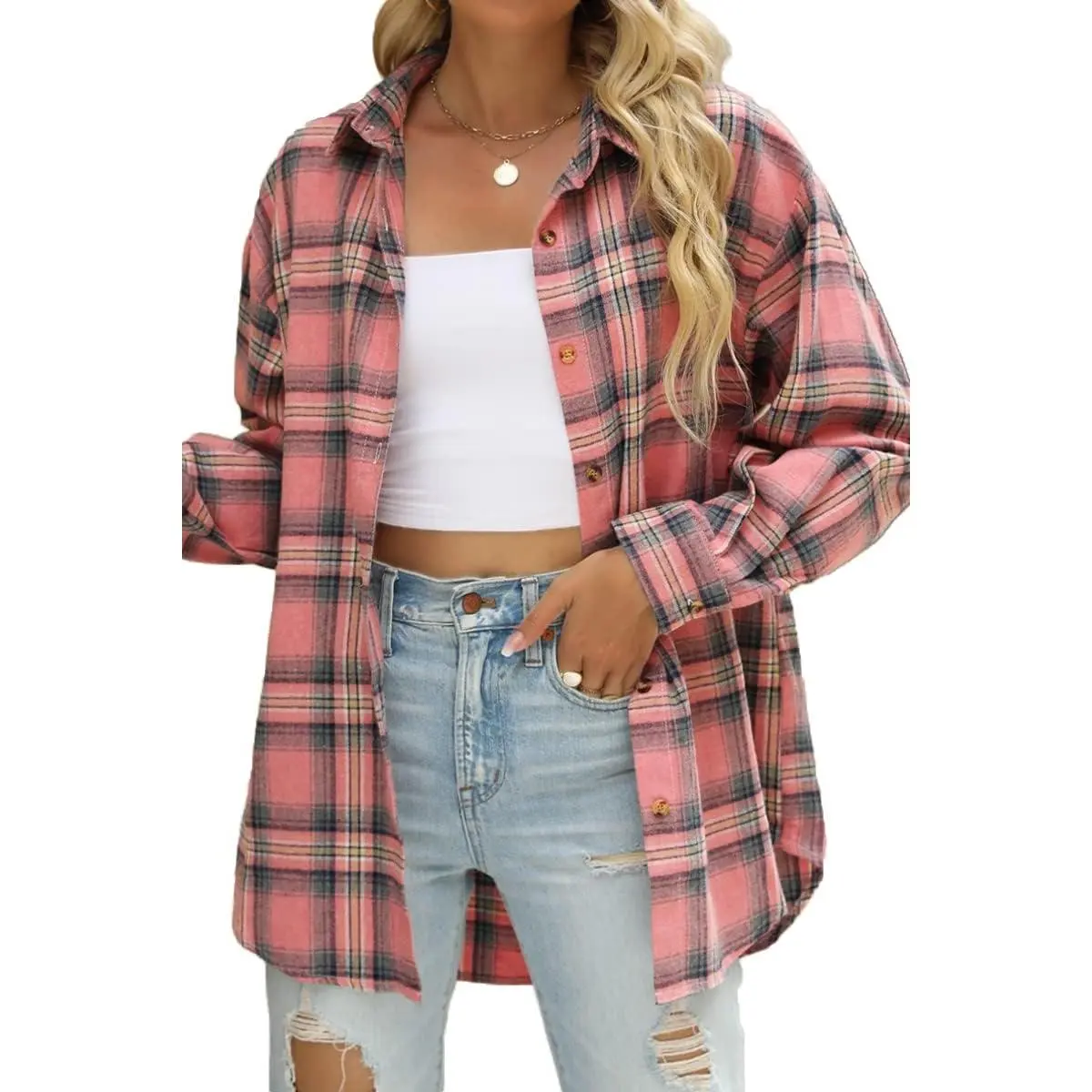 Women's Plaid Flannel Shacket, Casual Loose Fit Longsleeves Button-Down Jacket, Lightweight Lady Top with Pockets, Full Sleeves