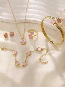 Elegant Flower Design Jewelry Set, Includes Bracelet, Necklace, Earrings, Bangle, Ring, Perfect Gift for Women