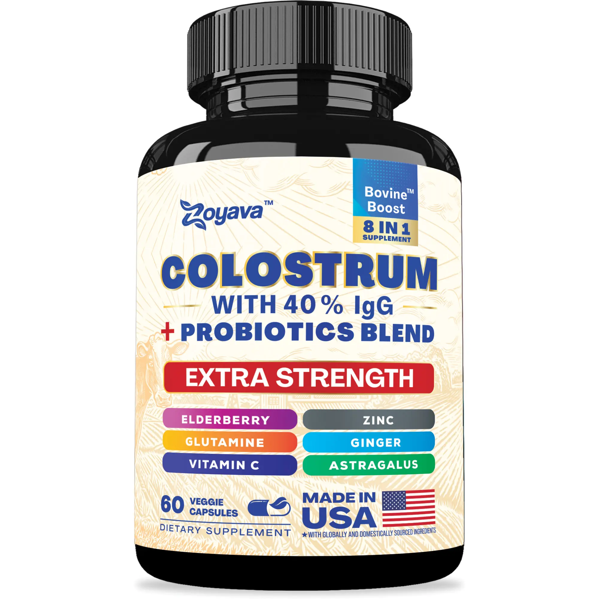 Zoyava Bovine Colostrum Supplement - Grass-Fed Cow Colostrum All-in-1 Capsules with 40% IgG & Probiotics - Highly Potent - Made in USA