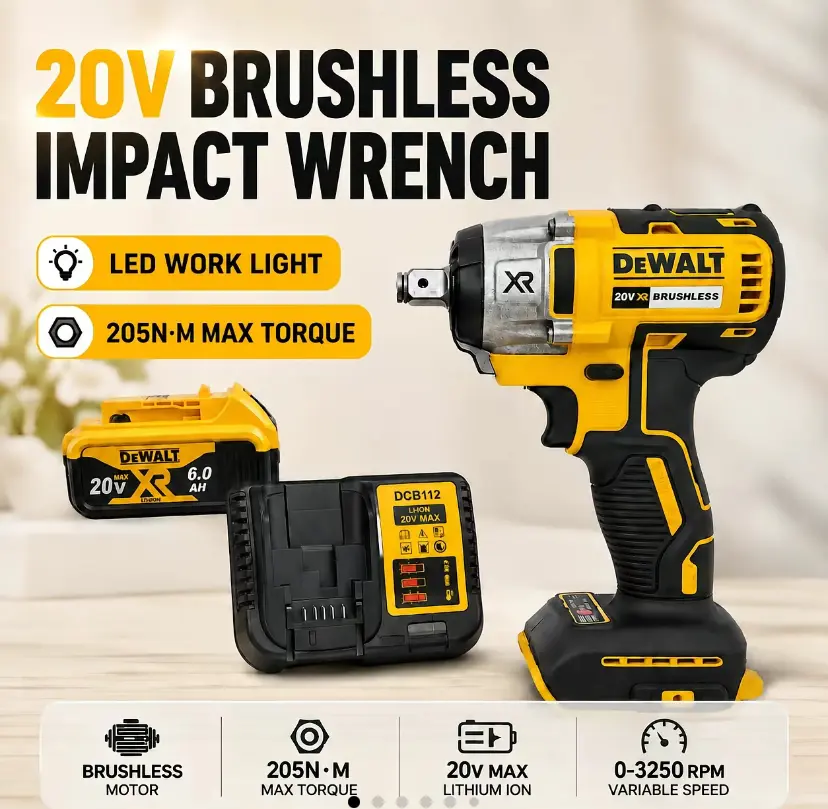 DEWALT DW880 20V Cordless Lithium Brushless Impact Wrench - High-Torque, High-Speed Power Tool with Detachable Fast Tire Removal, Portable DIY Solution for Mechanics, Includes Batteries & Multitool Accessories