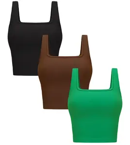 Women's 3-Pack Slim-Fitting Seamless Ribbed Square Neck Short Tank Tops - Lady's Minimalist Seamless Yoga Tank Clothes, Casual Sleeveless Cropped Basics for Gym Fitness, Summer Wear,summervibes