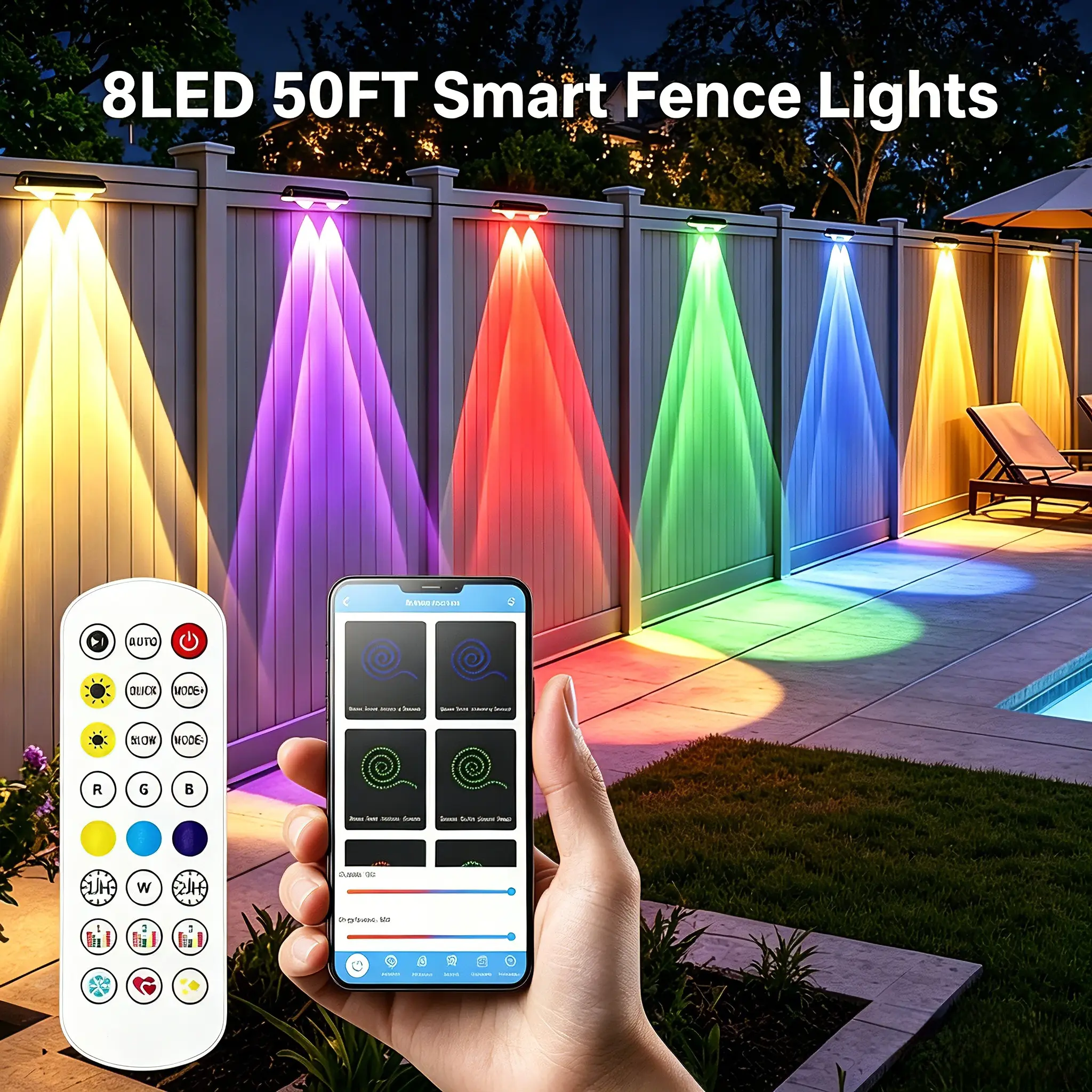 DREAMLAND Smart Outdoor Fence Lights 50FT with 8 LED Lights,24V RGB Deck Lights IP67 Waterproof with with Remote and APP Control Wifi Led Lights,Hanging Lights for for Porch, Deck, Garden, Backyard, Patio, Outside Spaces campingessentials