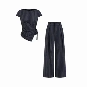 Cider Striped Boat Neck Short Sleeve Wrap Knotted Top & Mid Rise Straight Leg Trousers Set