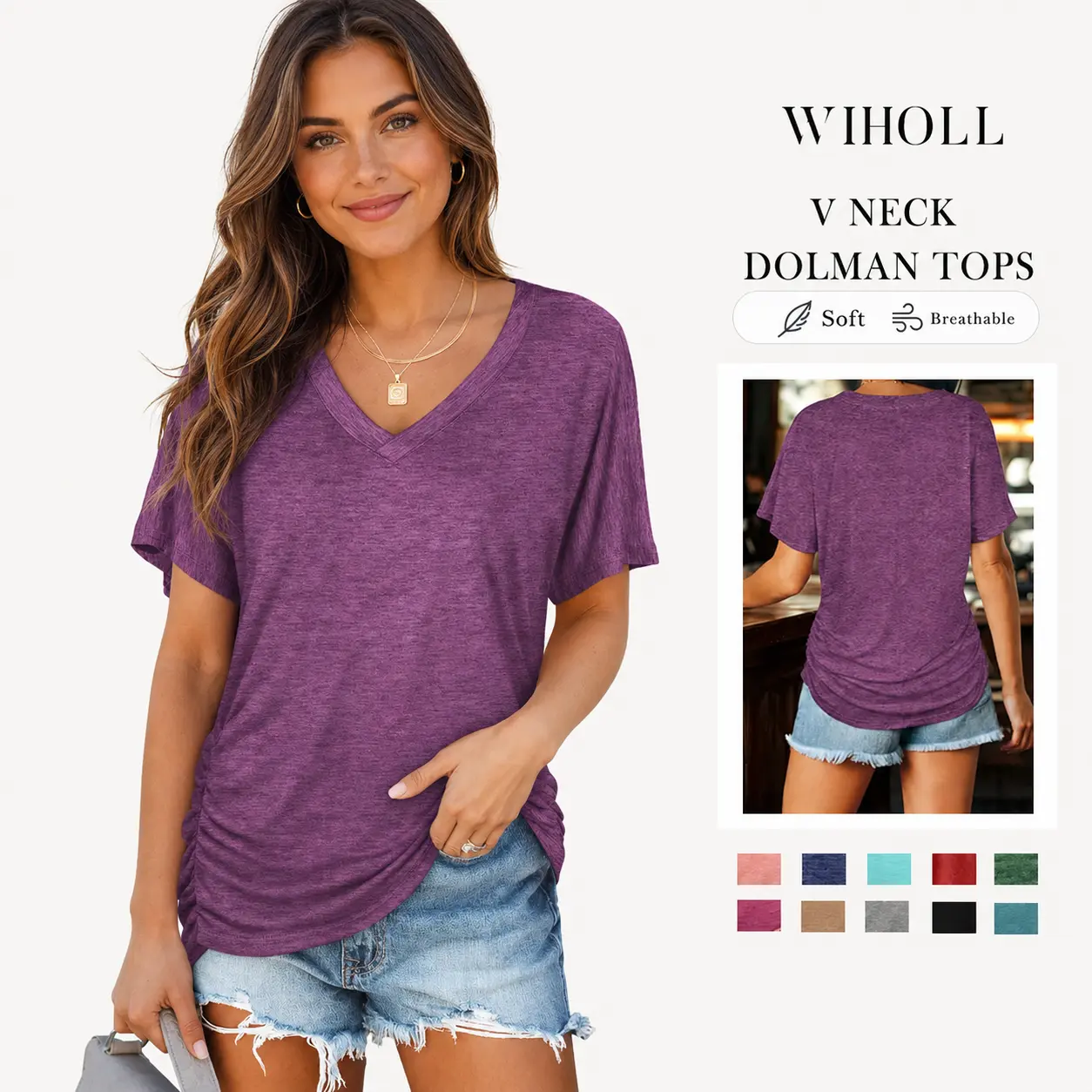 WIHOLL SwimWeek Womens Short Sleeve V Neck Dolman Tops with Side Shirring Loose Fit Shirts