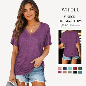 WIHOLL SwimWeek Womens Short Sleeve V Neck Dolman Tops with Side Shirring Loose Fit Shirts