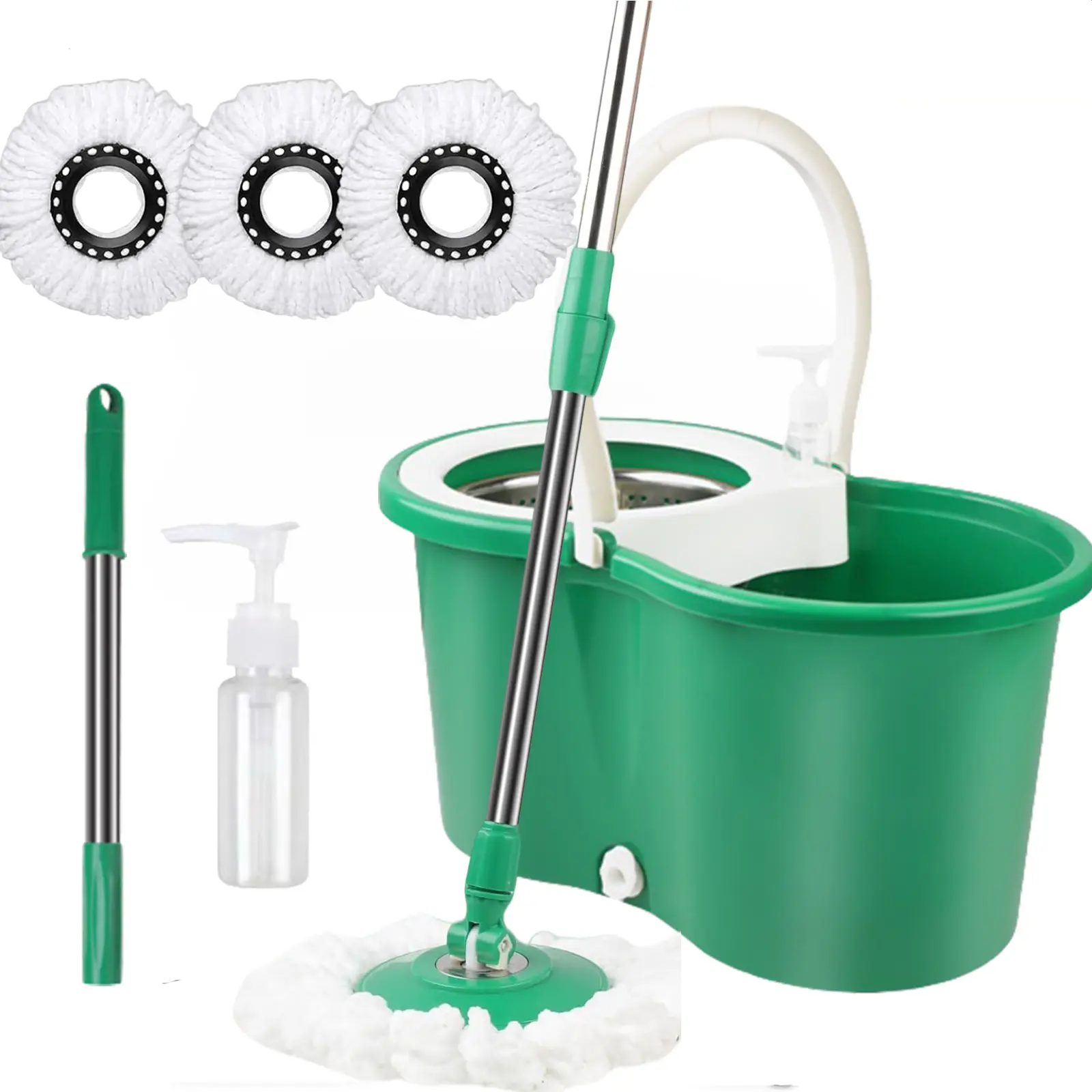 Spin Mop and Bucket with Wringer Set, 360° Spinning Mop Bucket System with 3 Microfiber Mop Replacement Heads Refills,56" Stainless Steel Extended Handle for Floor Cleaning Home Office Green(20QT)
