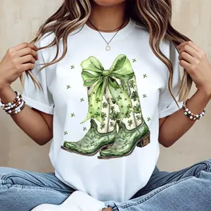 Green Cowboy Boots With Shamrock Bow Print T Shirt White Crew Neck Casual St Patrick's Day Outfit For Women