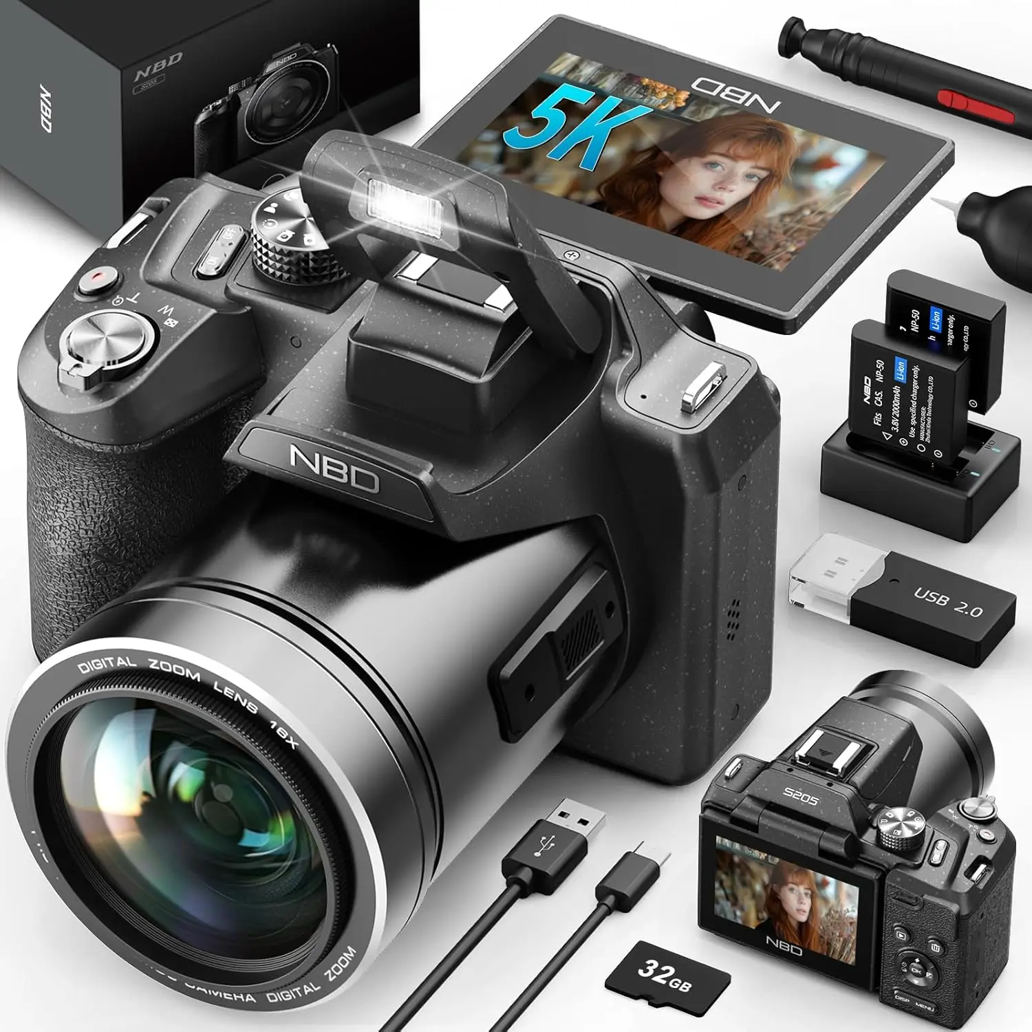 64MP 5K Cameras for Photography - 16X Zoom Autofocus, WiFi, 180° Flip Screen, Autofocus with 32G TF Card & 2 Batteries, Digital Camera for YouTube Vlogging Live Streaming, Vlogging Camera, Camera For Vlogging