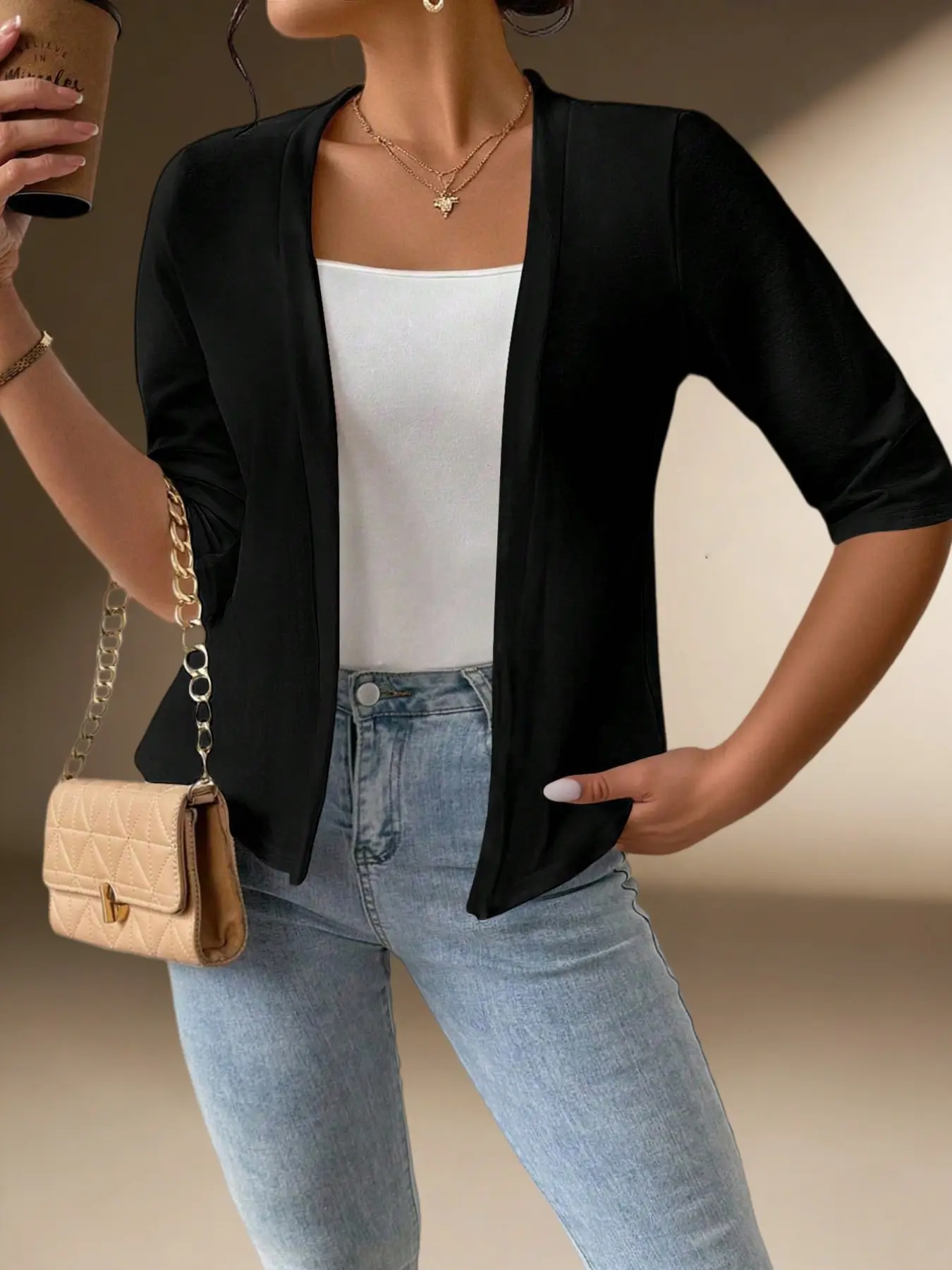 Women's Medium Sleeve Solid Color Basic Cardigan, Fitted Cardigan, Casual Elegant Knitwear, Womenswear Lightweight Breathable Knitted Slim Fit Outerwear, Versatile Commuter Top, Casual Fashion Style Jacket
