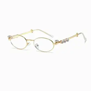 Oval Rhinestone Sunglasses – Clear Lens Small Round Metal Frame Unisex Retro Eyewear for Party Travel
