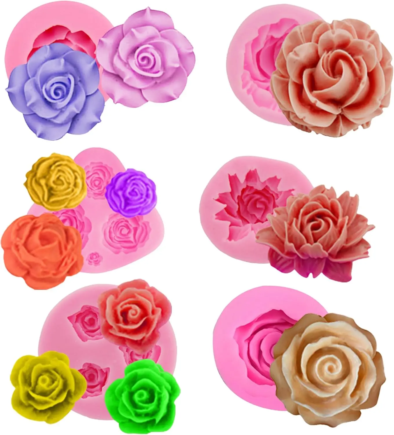 6 Pack Flower & Animal Silicone Molds Set for Resin Casting and Candle Making, 3D Peony Rose Sunflower Molds, Reusable Fondant Chocolate Soap Molds for DIY Craft Decorations