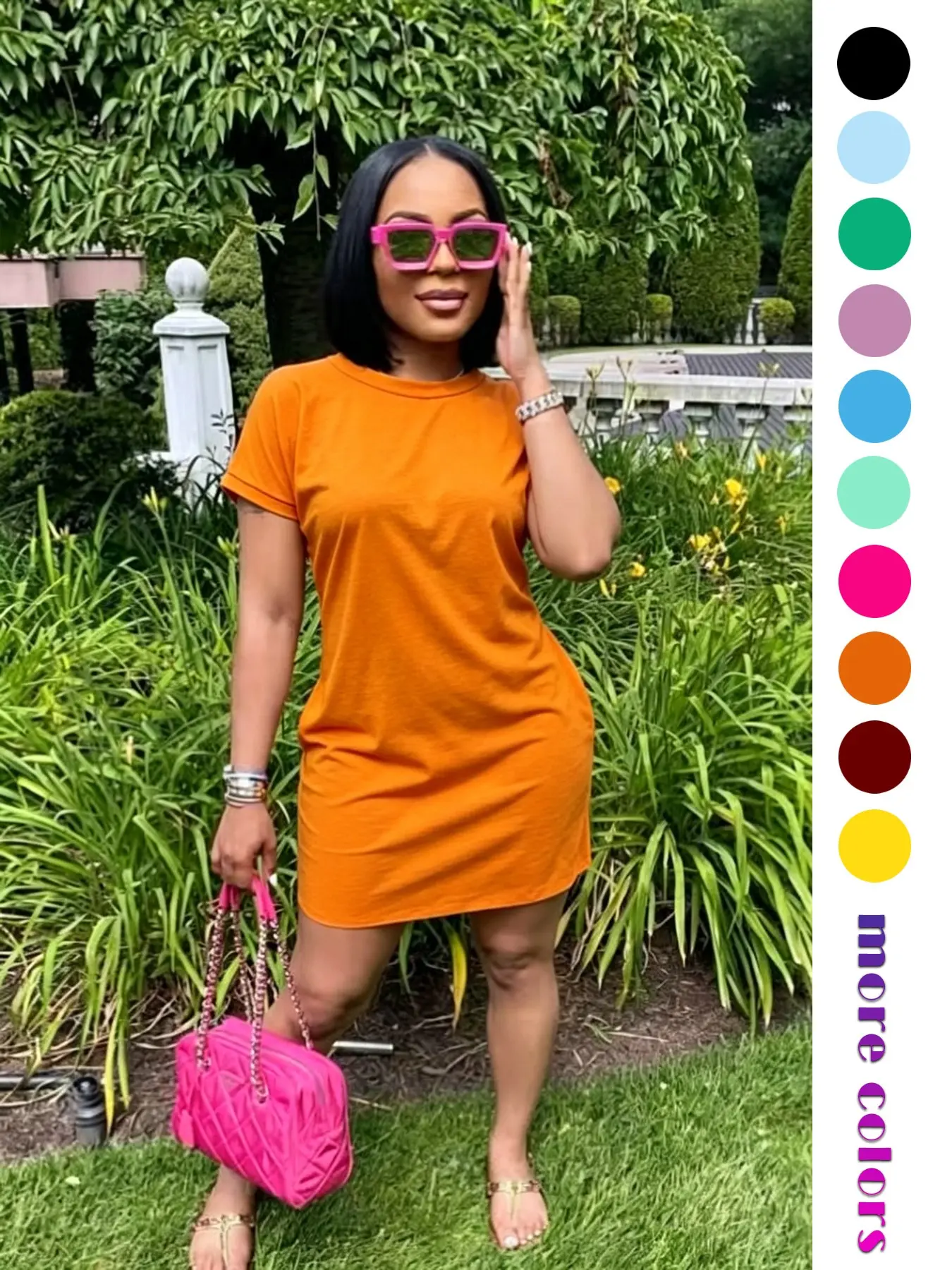 Women's Casual Dress, Loose Flowy Short Sleeve Round Neck Summer Sun Protection Dress, Comfortable Breathable Mid-Length Pocket Dress, Elastic Fit Midi Dress