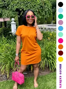 Women's Casual Dress, Loose Flowy Short Sleeve Round Neck Summer Sun Protection Dress, Comfortable Breathable Mid-Length Pocket Dress, Elastic Fit Midi Dress