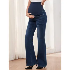 Women’s stretch maternity bootcut jeans with pockets over the belly, bell-bottom flare denim pants — pregnancy clothing that can be worn with a raincoat