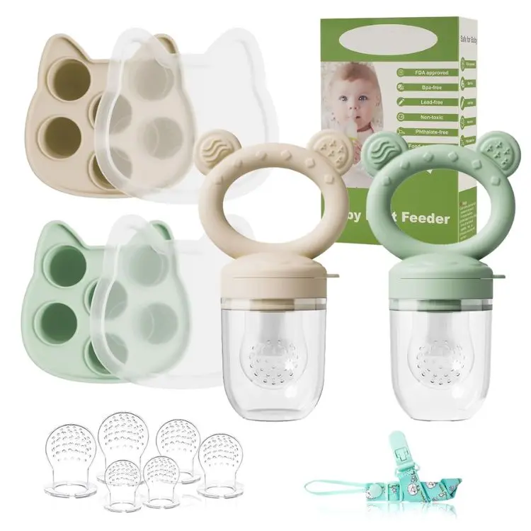 Silicone Baby Fruit Feeder & Breastmilk Popsicle Mold Set (4-Pack) - Freezer Tray, Teething Pacifier Feeder, Teether for Infants - Beige & Green