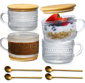 Vintage 14 Oz Coffee Glass Set 4/8pcs with Bamboo Lids & Spoons Ideal for Cappuccino Latte & Tea Classic Drinkware Solution