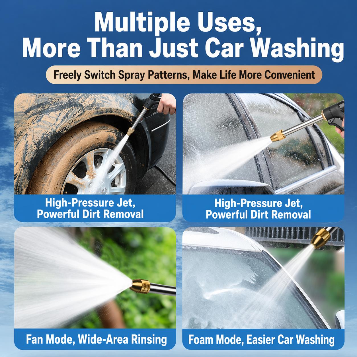 This household high-pressure car wash nozzle,with a booster nozzle and two hose clamps,is a portable handheld sprayer and an essential tool for watering plants and vegetables,washing cars,garden cleaning,pet bathing,and outdoor rinsing.