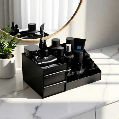 Luxury Black Vanity Organizer for Men - 3-Drawer Perfume Display Case, Grooming Product Storage & Bathroom Decor
