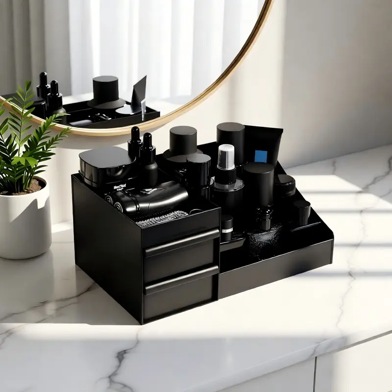Luxury Black Vanity Organizer for Men - 3-Drawer Perfume Display Case, Grooming Product Storage & Bathroom Decor