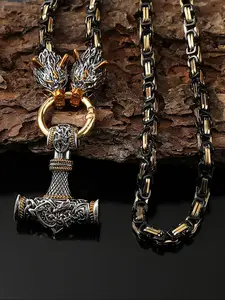 Viking Rune Hammer Pendant Necklace, Wolf Head Chain, Norse Mythology Odin Jewelry, Stainless Steel Punk Style, Men's Norwegian Fashion Gift, Charm Necklace