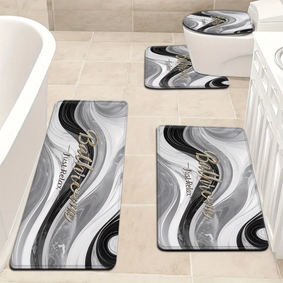 Open 3pcs/4pcs Gray Black Marble Letter Pattern Bathroom Mat Set Toilet Lid Seat Cover U-shaped Foot Pad