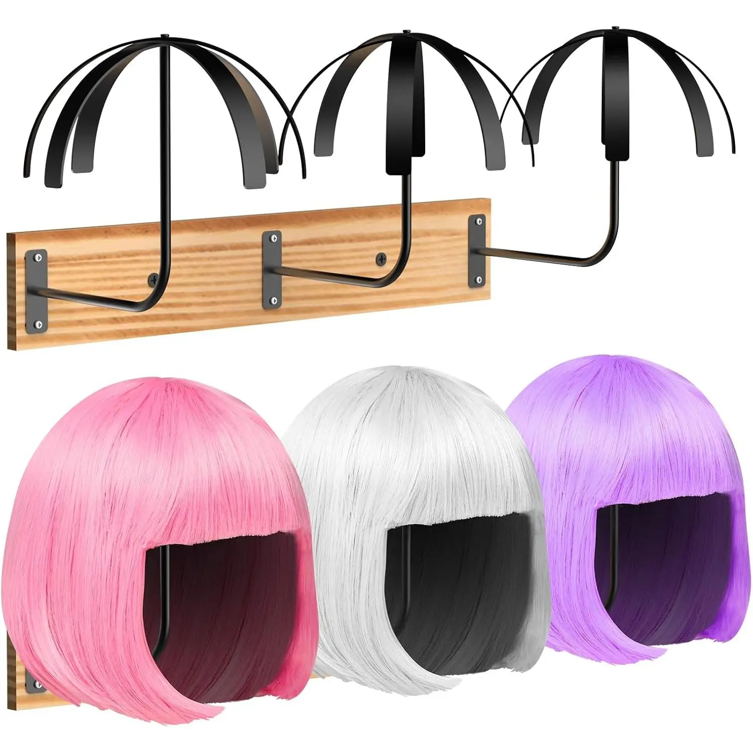 Hanging Wig Stand for Multiple Wigs, 6 count Wall Mounted Wig Hanger Holder, Durable Wig Storage Organizer Rack for Display, Storage, Styling, Drying (Carbon Steel and )