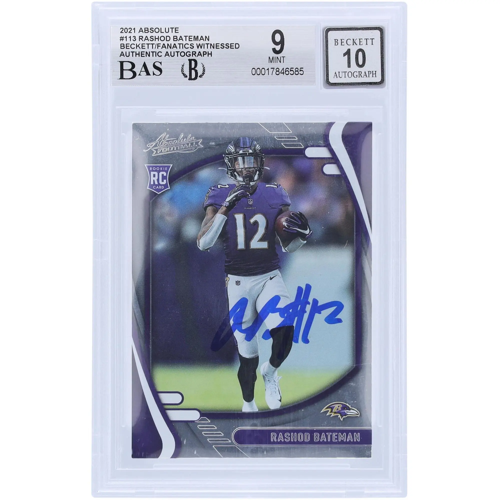 Rashod Bateman Baltimore Ravens Autographed 2021 Panini Absolute #113 Beckett Fanatics Witnessed Authenticated 9/10 Rookie Card - Fanatics Authentic Certified