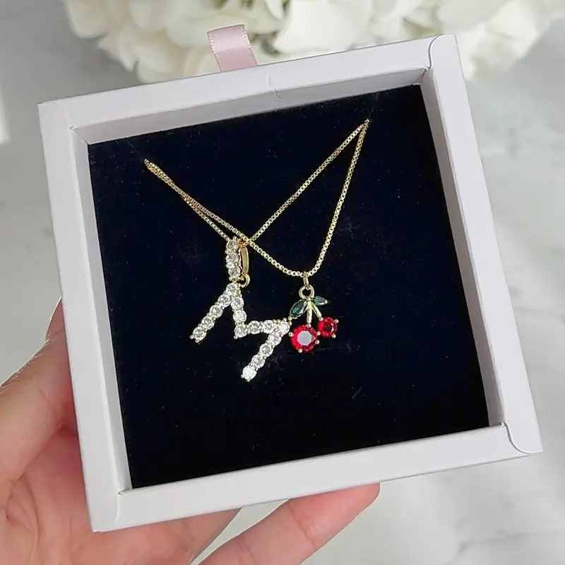 Cherry and icy Initial Necklace Set with Gold Chain - 16 Inches, Includes Cherry and icy Design