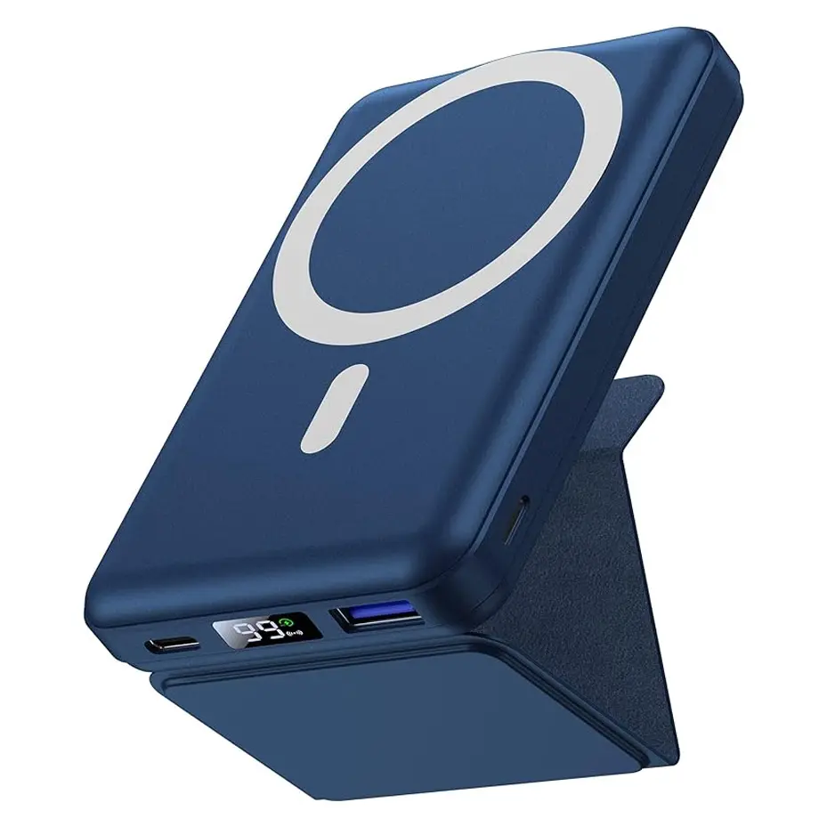 Yiisonger 10000 mAh Portable Charger - Wireless Charging Power Bank with Magnetic Design, Folding Stand, USB-C Cable, 22.5W PD Fast Charging for iPhone, Blue Mobile Accessories Travel Gadgets Charging Solution, Smartphone, Battery Pack Power Banks, Fast C