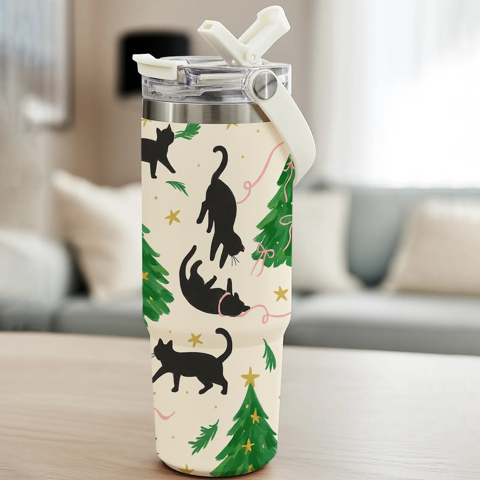 Auracup 1pc 30oz Christmas Cat Tumbler with Handle and Straw, Cute Black Kitty and Tree Pattern Stainless Steel Travel Mug, Double Wall Vacuum Insulated Coffee Cup, Holiday Gift for Women, Men, Cat Lovers, Friends, Family, Drinkware, Insulated Cups