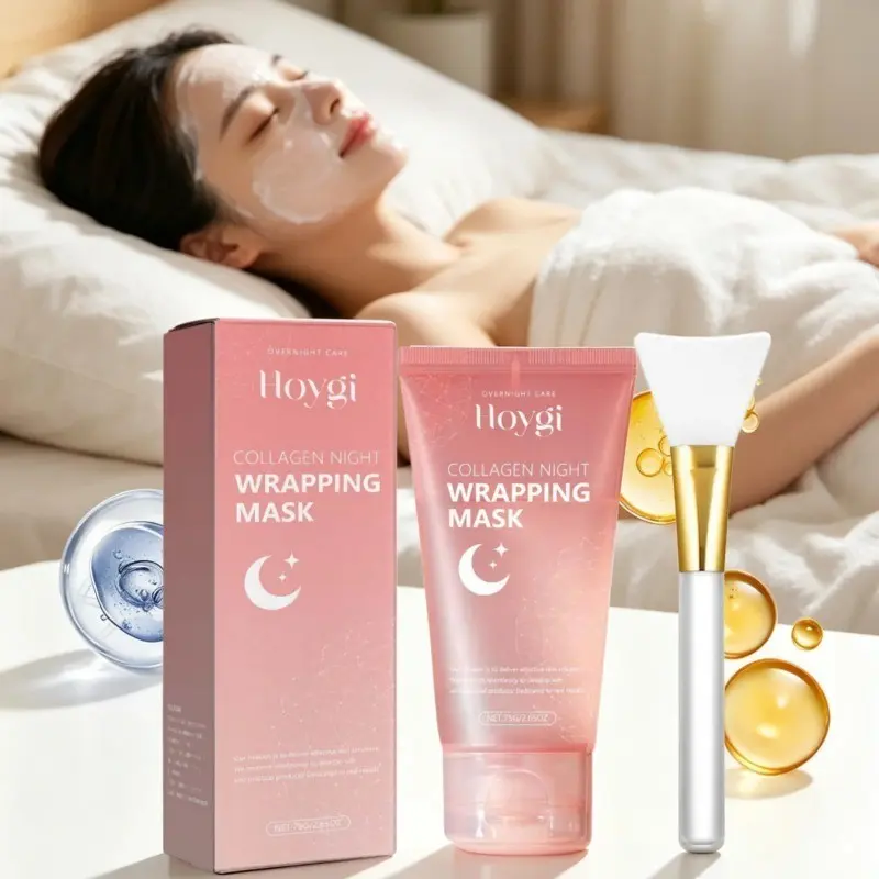 Hoygi Collagen Night Wrapping Facial Mask Gel Deep Nourishment Skin Firming Brightening Skin Tone Shrink Pores Mild Gentle Formula Sleeping Mask with Brush