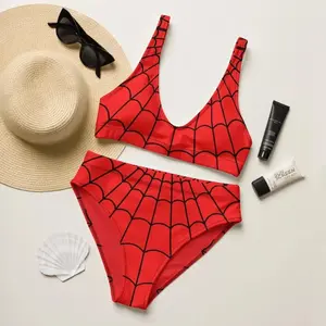 Red Spider Web Print Bikini Set Women High Waist Two Piece Swimsuit Superhero Fan Beach Summer Festival Sunbathing Loose Comfortable Swimwear Cool Gift
