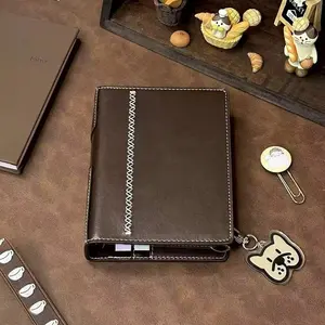 New A7 French Vintage Design Chocolate Latte Leather Cover Notebook, Dual Ring Bound, Dual Ring Binding, Pocket Size, Includes 60 Blank Pages, Diary Journal, Travel Diary Notebook